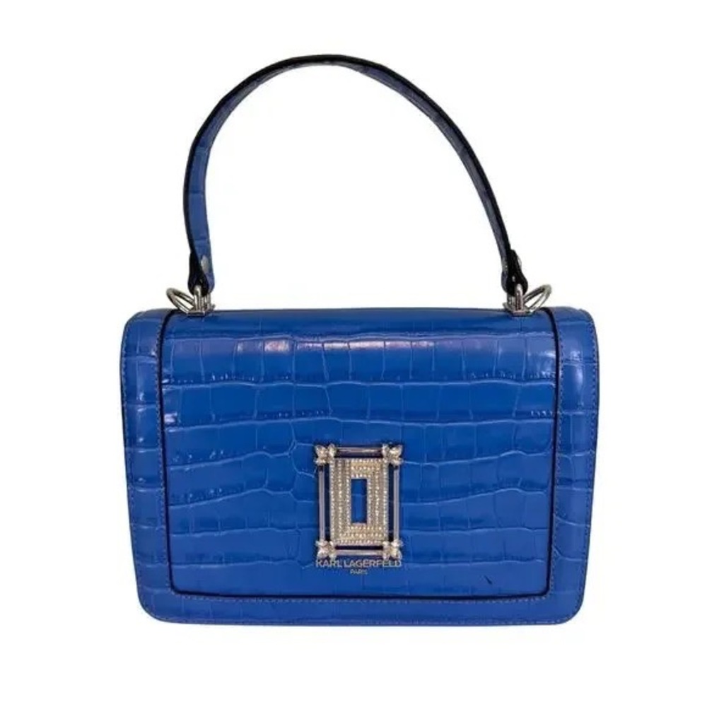 Karl Lagerfeld Simone Crossbody Satchel Shoulder Bag Blue Croc Leather Handbag